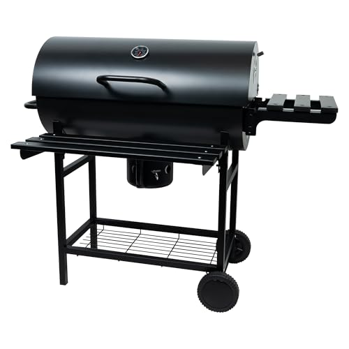 Charcoal Grill with Lid, 27" Outdoor BBQ Grill with Thermometer, Side Shelves, Wheels & Ash Catcher, Large Barrel Charcoal Smoker for Backyard, Camping & Outdoor Cooking