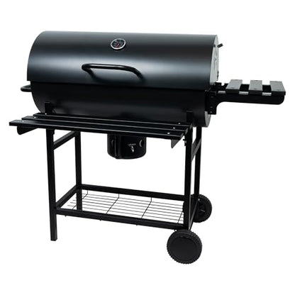 Charcoal Grill with Lid, 27" Outdoor BBQ Grill with Thermometer, Side Shelves, Wheels & Ash Catcher, Large Barrel Charcoal Smoker for Backyard, Camping & Outdoor Cooking