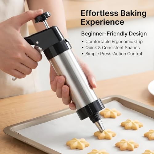 Stainless steel cookie press, cookie press gun set with 13 cookie press plates, a sponge brush and 8 piping nozzles, ideal for DIY Christmas cookies and decorative cookie nozzles, gift for women