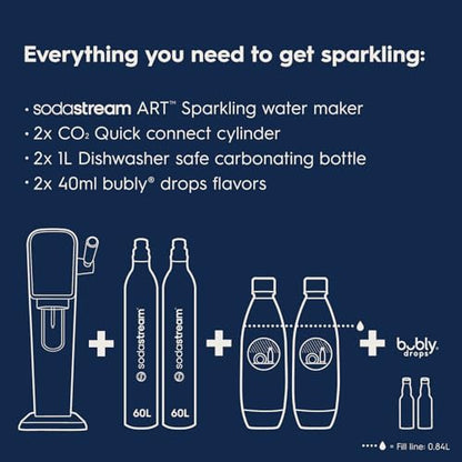 SodaStream - ART Sparkling Water Maker | VALUE BUNDLE | CQC CO2 system | Includes 2x CO2 Cylinders, 2x 32 Fl Oz Dishwasher Safe Bottles, 2x Bubly Flavor Drops | Combine with Flavors | Mandarin Red