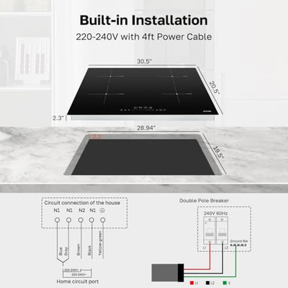 ThermoMate 30 Inch Induction Cooktop, 7200W Built in Induction Stove Top, Electric Cooktop with 4 Boost Burner, 9 Heating Level, Timer & Child Safety Lock, Sensor Touch Control, 240V