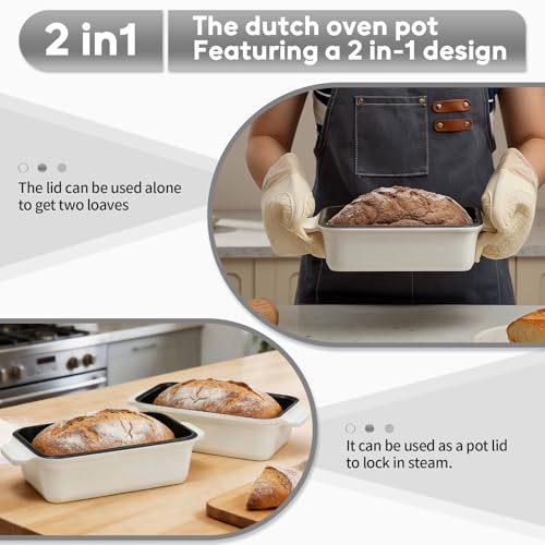 Enameled Cast Iron Dutch Oven for Sourdough Bread Baking, 9×5 Dutch Oven Pot with Lid, 2 in 1 Bread Baking Pans with Lid, Roasting & Braising, Easy Release, Oven & Induction Safe (4.2 QT,White)