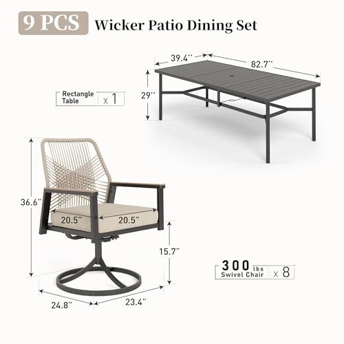 Patio Dining Set 9 Piece, 8 x Woven Rattan Swivel Chairs with Waterproof Cushion, 83" Rectangular Metal Dining Table with Umbrella Hole, Outdoor Table and Chairs Set for Backyard Lawn and Deck, Beige