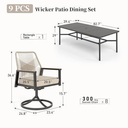 Patio Dining Set 9 Piece, 8 x Woven Rattan Swivel Chairs with Waterproof Cushion, 83" Rectangular Metal Dining Table with Umbrella Hole, Outdoor Table and Chairs Set for Backyard Lawn and Deck, Beige