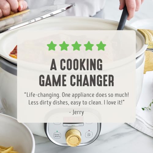 GreenLife 6QT Slow Cooker, Non-Toxic PFAS-Free Ceramic Nonstick Removable Interior Bowl, Programmable, Family Friendly, Keep Warm, Stovetop & Oven Safe, Dishwasher Safe Crock, Timer, Glass Lid, Cream