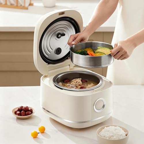 Joydeem Stainless Steel Rice Cooker, Uncoated Non-Stick 316L Stainless Steel Inner Pot, 6 Cup Uncooked, 3L/3.2 qt, DFB-D300, Cream Color
