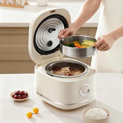 Joydeem Stainless Steel Rice Cooker, Uncoated Non-Stick 316L Stainless Steel Inner Pot, 6 Cup Uncooked, 3L/3.2 qt, DFB-D300, Cream Color