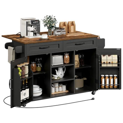 RALGEND Kitchen Island with Power Outlets & Drop Leaf, Kitchen Cart with Storage, Drawer and Spice Rack, Tower Rack, Island Table, Black and Rustic Brown