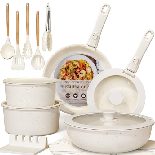 Astercook 21 Pcs Pots and Pans Set Non Stick, Ceramic Cookware Set Detachable Handle, RV Kitchen Cooking Set Removable Handles, Oven Safe, Induction Ready, Stackable, Cream White, Mothers Day Gifts