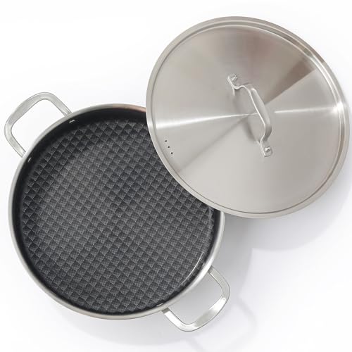 DELARLO Tri-Ply Stainless Steel Braiser Pan with Lid Nonstick 6 Quart Cooking Pot Induction Rondeau Deep Frying Pan,Large Saute Pan,Heavy Duty,Dishwasher and Oven Safe to 550℉