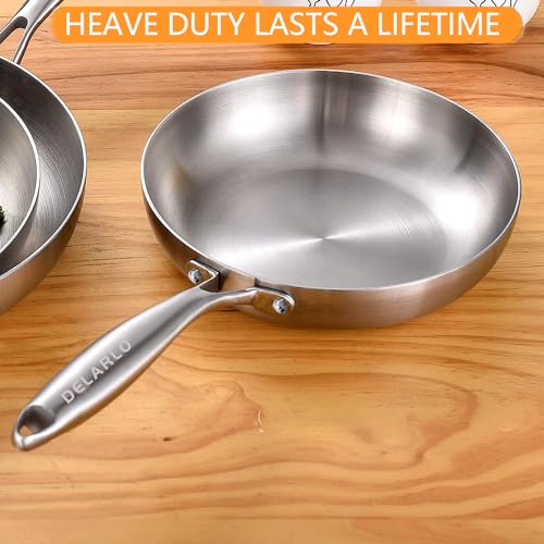 DELARLO Whole body Tri-Ply Stainless Steel 8inch Small Frying Pan, Chef's Pans Oven safe induction kitchen skillet,Suitable for All Stove (Detachable Handle)