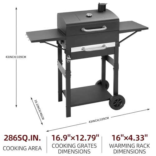 Charcoal Grill with 2 Side Tables 343 Sq.In.for BBQ Outdoor Cooking