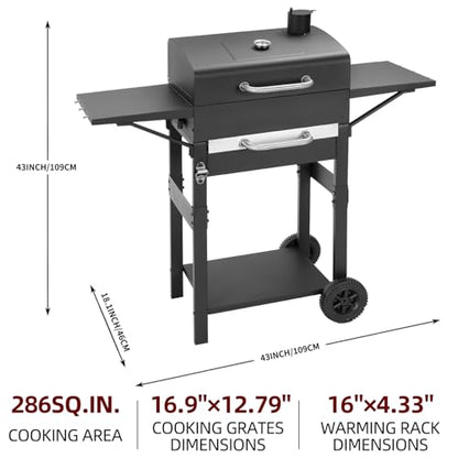 Charcoal Grill with 2 Side Tables 343 Sq.In.for BBQ Outdoor Cooking
