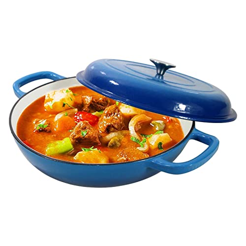 Enameled Cast Iron Dutch Oven Braiser, 3.8 Quart Enamel Skillet Pot with Lid - Heavy Duty and Dual Handles, Oven Safe Frying Pan for Family or Friends Gifts, Blue