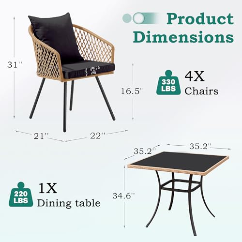 ECOTOUGE 5 Piece Patio Dining Set, Wicker Outdoor Furniture Set w/Glass Square Table, 4 PCS Chairs w/Waterproof Cushions for Backyard Garden Deck, Yellow/Black
