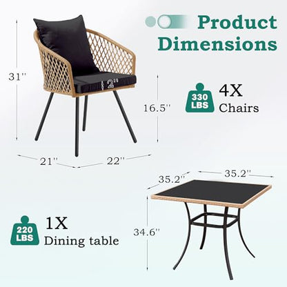 ECOTOUGE 5 Piece Patio Dining Set, Wicker Outdoor Furniture Set w/Glass Square Table, 4 PCS Chairs w/Waterproof Cushions for Backyard Garden Deck, Yellow/Black