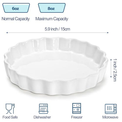 Foraineam 6 Pack 8 Ounce Porcelain Creme Brulee Ramekins Mini Fluted Quiche Dishes, 6 Inch Tart Pan Round Pie Plates for Baking, Dishwasher and Oven Safe