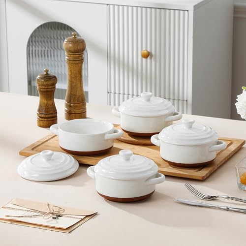 MALACASA Mini Cocotte Set - 12 OZ Small Casserole Dishes for Oven, Ramekins with Lids and Handles, Ceramic Mini Dutch Oven Set of 4, Microwave & Dishwasher Safe, Khaki White, Series TARA