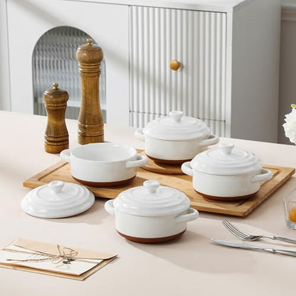 MALACASA Mini Cocotte Set - 12 OZ Small Casserole Dishes for Oven, Ramekins with Lids and Handles, Ceramic Mini Dutch Oven Set of 4, Microwave & Dishwasher Safe, Khaki White, Series TARA