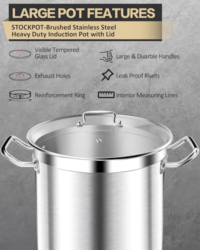 STOCKPOT Stainless Steel 20 Quart Stockpot with Tempered Glass Lid, 3-Ply Base, 8.8 lbs, Polished Finish, Suitable for Stovetop and Oven, Dishwasher Safe
