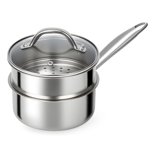 Ohtomber Stainless Steel Sauce Pan - Tri-Ply 1.5 Quarts Steamer for Cooking, Small Cooking Pot with Steamer Basket, Sauce Pan with Lid, Non Stick Saucepan, Induction Steam Pot for Vegetable, Oatmeal