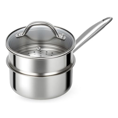 Ohtomber Stainless Steel Sauce Pan - Tri-Ply 1.5 Quarts Steamer for Cooking, Small Cooking Pot with Steamer Basket, Sauce Pan with Lid, Non Stick Saucepan, Induction Steam Pot for Vegetable, Oatmeal