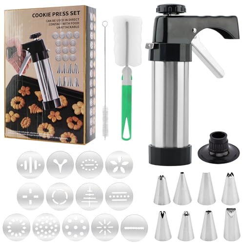 Stainless Steel Cookie Press Kit – 13 Discs & 8 Tips: Easy Shaping & Decor for Baking, Perfect for DIY Cookies/Cakes – Time-Saving for Home Bakers & Dessert Lovers