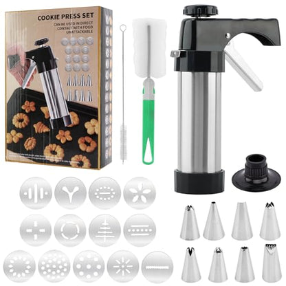 Stainless Steel Cookie Press Gun – 13 Discs & 8 Piping Tips for Baking & Decorating | Ideal for DIY Spritz Cookies, Cakes & Desserts – Perfect for Home Bakers & Dessert Lovers