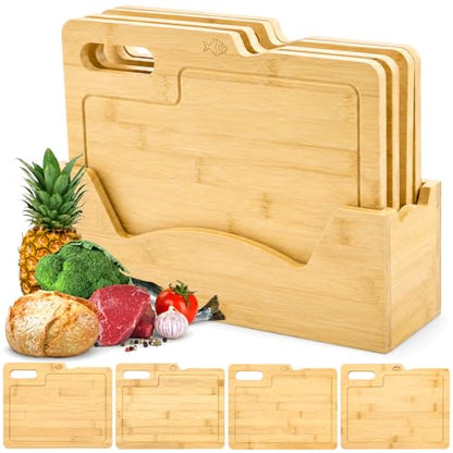 ZENFUN 4 Pack 12.5"L x 9.8"W Bamboo Cutting Boards with Holder, Wood Cutting Board Set, Chopping Boards Set with Food Icons, Kitchen Cutting Board Ideal for Meat, Fish, Bread, Vegetable, Fruit
