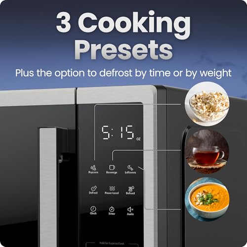 Chefman Countertop Microwave Oven 1.1 Cu. Ft., 1000 Watts with 10 Power Levels, 3 Cooking Presets with One-Touch Express Cook, 2 Defrost Settings, Child Safety Lock, & Mute Button – Stainless Steel