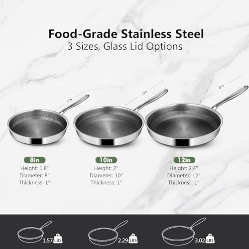 Vocvee Non Stick Frying Pans, 10-inch with Lid, Hybrid Frying Pans Nonstick Stainless Steel Skillets, Dishwasher & Oven-Safe, Stay-Cool Handle, PFOA Free Cookware, Compatible with All Cooktops
