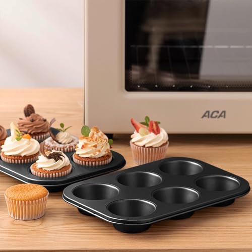 ASBAYSON 2 Packs Premium Steel Muffin Pan for Baking, Round Muffin Baking Pan, Baking Tray for Muffins, Cupcakes, Brownie(Black, 6 Cup)
