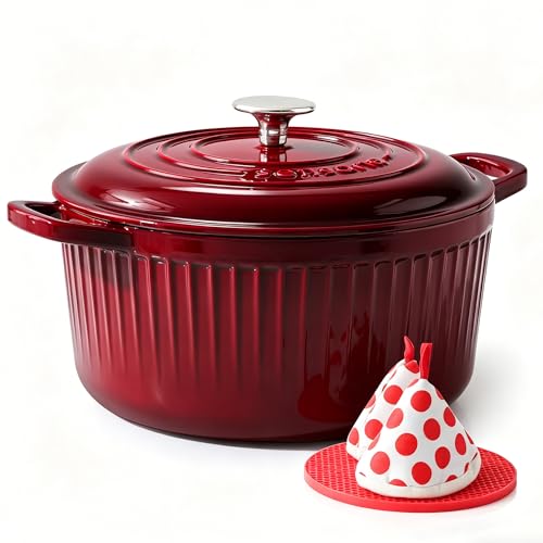 SENSARTE Enameled Cast Iron Dutch Oven Pot with Lid 3.5/5.5/6.5 Quart Heavy-Duty Round Dual Handles Kitchen Pot with Cotton Potholders & Silicone Trivet, Pot for Bread Baking, Stews, Braising, Roasting, Oven Safe, 6.5 Quart, Red