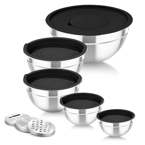 TeamFar Mixing Bowls with Airtight Lids, 5PCS Stainless Steel Metal Salad Bowl with 3 Grater Attachments, for Cooking, Prepping, Serving, Healthy & Easy Clean - 0.7/1/1.5/2.6/4.6QT, Black