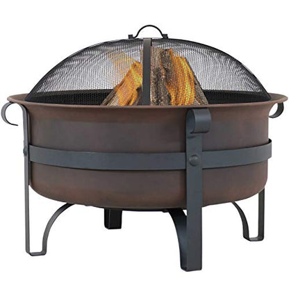 Sunnydaze 29-Inch Cauldron Wood-Burning Outdoor Fire Pit for Patio and Backyard - Round Steel Outside Firepit Bowl with Removable Ash Pan, Spark Screen, and Poker Tool - Dark Bronze Finish