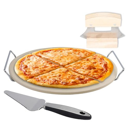 Delux Pizza Stone Set with Pizza Cutter Pizza Server, 13inch Ceramic Baking Stone for Oven and Grill with Metal Handle Rack,Quick Baked n Serving Pizza in Home n Outdoor