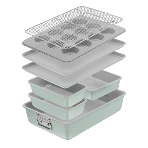T-fal Refresh Ceramic Nonstick Baking Pans Set (8 Pc), Roaster, 12-Cup for Muffins, Loaf Trays, Baking Sheets Non Stick, Cooling Cooking Rack, Stackable Bakeware Set, Mint Green