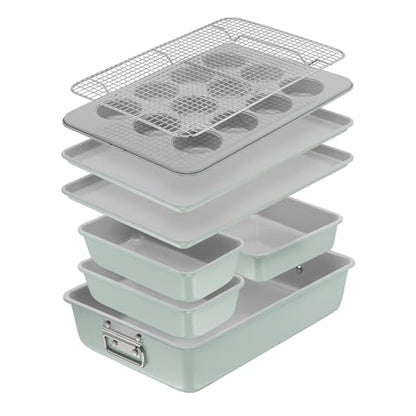 T-fal Refresh Ceramic Nonstick Baking Pans Set (8 Pc), Roaster, 12-Cup for Muffins, Loaf Trays, Baking Sheets Non Stick, Cooling Cooking Rack, Stackable Bakeware Set, Mint Green