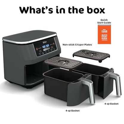 Ninja DZ201 Foodi 8 Quart 6-in-1 DualZone 2-Basket Air Fryer with 2 Independent Frying Baskets, Match Cook & Smart Finish to Roast, Broil, Dehydrate & More for Quick, Easy Meals, Grey