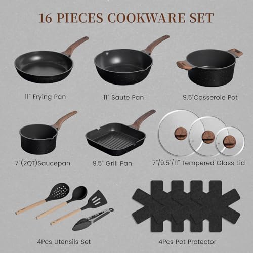 Kikcoin 16Pcs Ceramic Pots and Pans Set Non Stick, Includes a 9.5" Grill Pan, Induction Kitchen Cookware Sets, Black Nonstick RV Kitchen Camping Cooking Sets Stackable (PTFE, PFOS, PFOA Free)