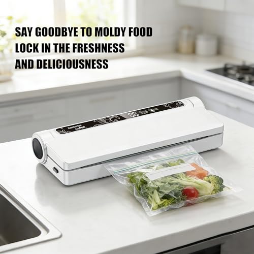 Vacuum Sealer For Food, 75KPA Strong Suction for Dry & Wet Food Preservation, 210mm Sealing Width with LED Digital Timer & Indicator, Countertop Food Sealer Includes 40 Bags for Home Kitchen