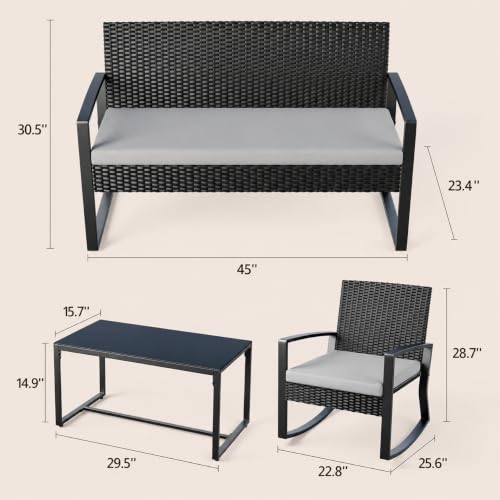 Ahomly 4 Piece Outdoor Patio Furniture Set, Wicker Patio Furniture with Glass Coffee Table, Rocking Wicker Bistro Set, for Backyard, Poolside, Porch (Grey)
