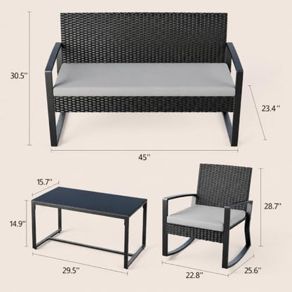 Ahomly 4 Piece Outdoor Patio Furniture Set, Wicker Patio Furniture with Glass Coffee Table, Rocking Wicker Bistro Set, for Backyard, Poolside, Porch (Grey)