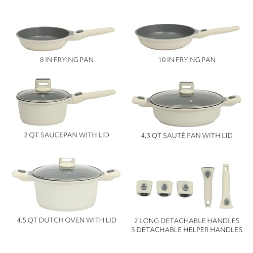 Sur La Table Kitchen Essentials 13 Piece Detachable Handle Pots and Pans Premium PFA Free Premium Ceramic Non Stick Induction Safe and Secure Removable Handle Cookware Set - Eggshell White