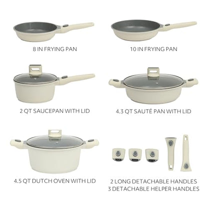 Sur La Table Kitchen Essentials 13 Piece Detachable Handle Pots and Pans Premium PFA Free Premium Ceramic Non Stick Induction Safe and Secure Removable Handle Cookware Set - Eggshell White