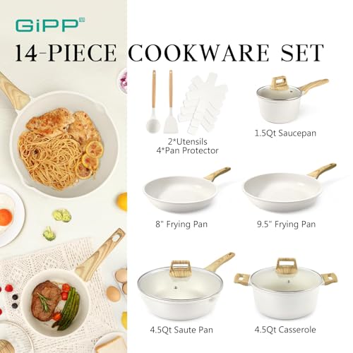 GiPP Pots and Pans Set Non Stick - 14 Pcs White Granite Kitchen Cookware Sets Nonstick Induction Cookware Cooking Pan Set with Frying Pans, Saucepans and Silicone Utensils, PFOS & PFOA Free