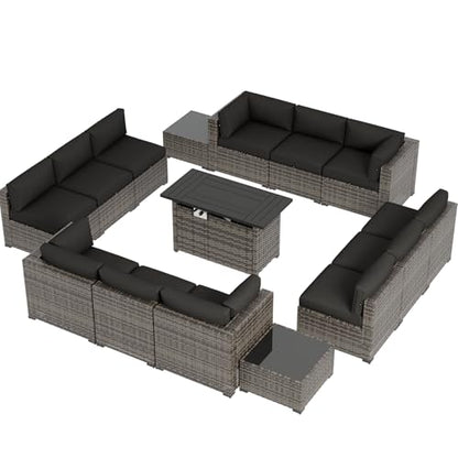Aoxun Patio Furniture Sets, 15-Piece Outdoor Patio Furniture with 44'' Propane Gas Firepit Table, Wicker Outdoor Conversation Set Sectional Sofa for Backyard, Poolside