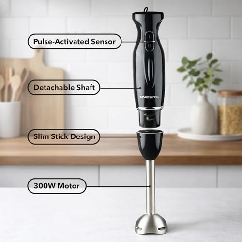 OVENTE Immersion Hand Blender, 300W Electric Handheld Stick Mixer with 2 Mixing Speeds and Stainless Steel Blades for Smoothies, Purees & Baby Food, Black HS560B