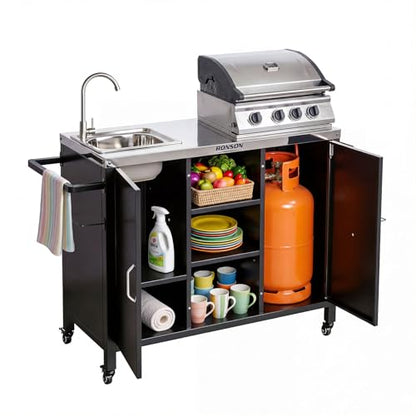 ROVSUN Outdoor Grill Cart with Sink, 304 Stainless Steel Sink with Gas Storage Area, Rolling Kitchen Prep Table with Cabinet, Paper Rack, Rubbish Rack, for Backyard Cooking, Gardens, Patio