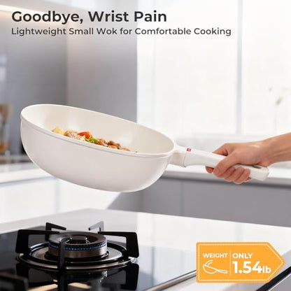 HANLE 9.8 Inch(3.2 QT) Nonstick Ceramic Saute Pan with Lid, Cast Aluminum Deep Frying Pans, Flat Bottom Induction Pan, Ceramic Non Toxic Cookware, PFOA PFAS & PTFE Free(White)